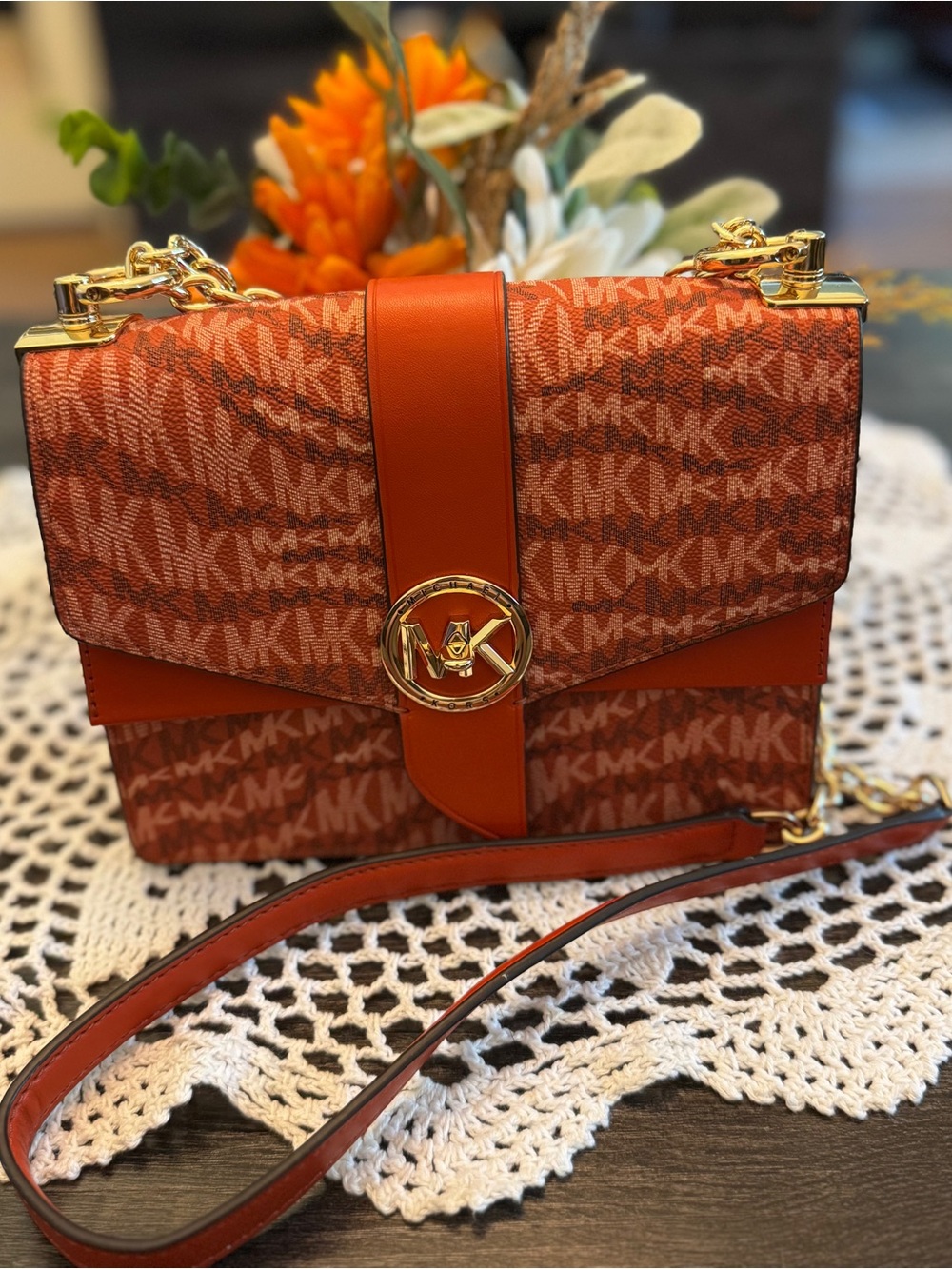 Michael Kors Greenwich Logo Crossbody Bag Deep Orange Multi - Picture 2 of 12